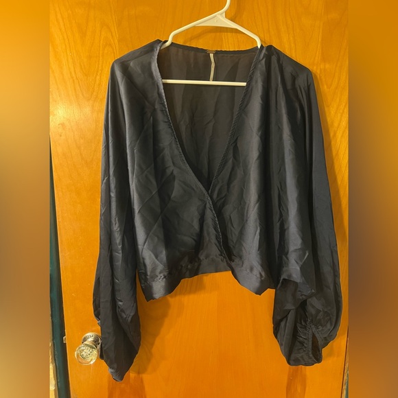 Free People Midnight Vibes Satin Long Sleeve Surplice Top - Picture 7 of 8